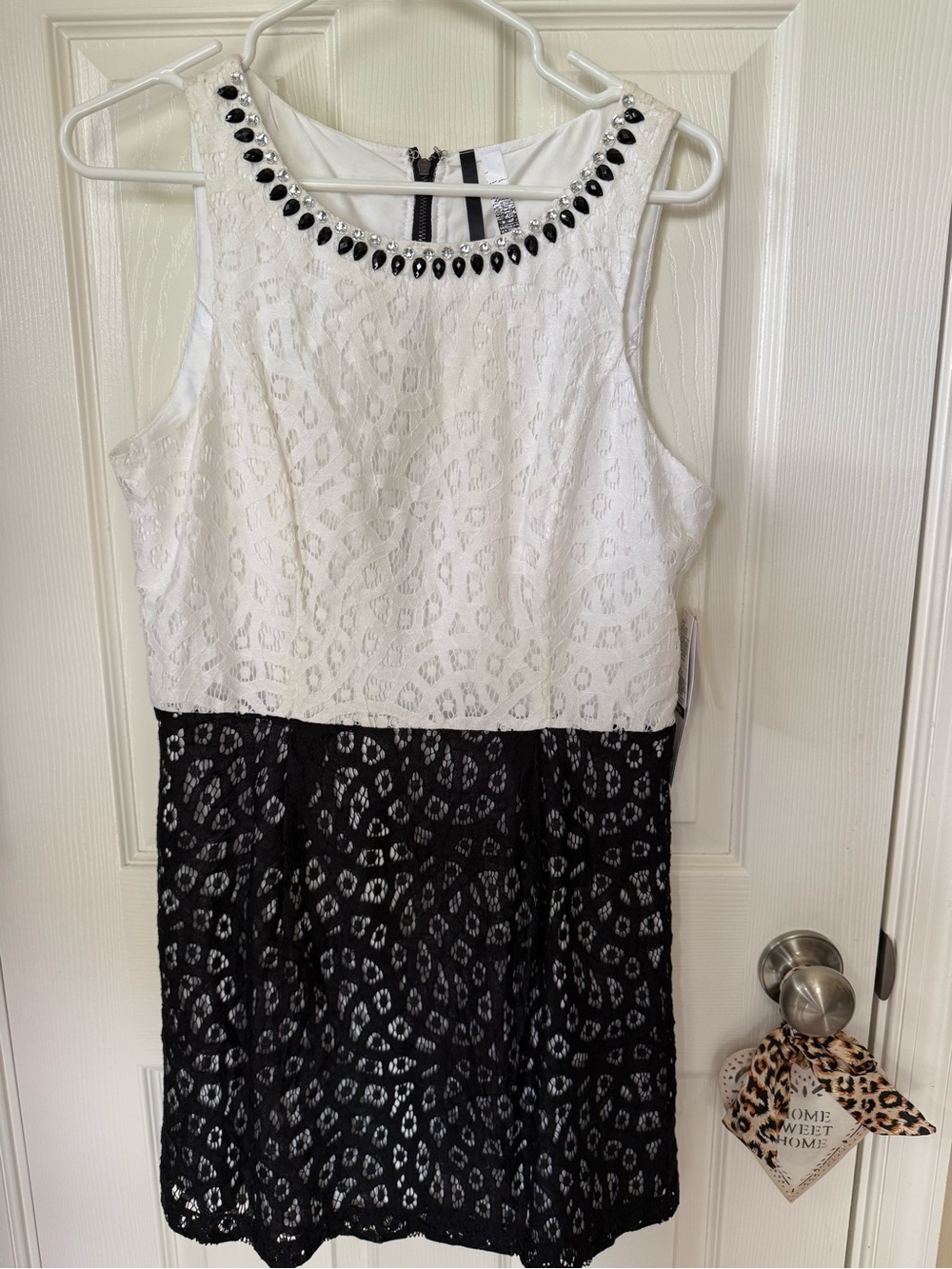 Kensie Lace Dress with Jeweled Neckline - White & Black Sz M NWT